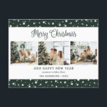 Modern Grönt 3 Photo Collage Stars Helg Vykort<br><div class="desc">Gröntens vykort för helgdag av foto med en bakgrund av en grönt med tre bilder på framsidan och en vinterscen med vattenfärg längst bak. Anpassa enkelt det här moderna vykortet för helgdag med foton och text.</div>