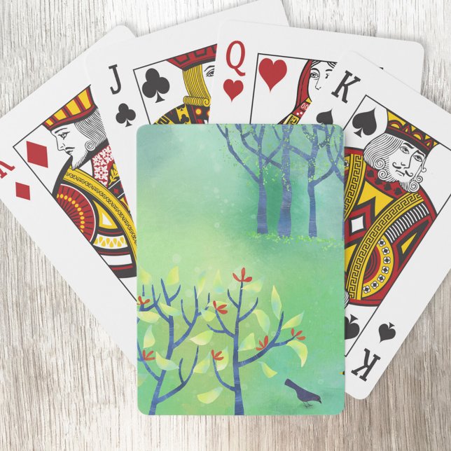 Modern Grönt Abstrakt liggande Casinokort (Green moderbn abstract landscape with bird and trees art playing cards)