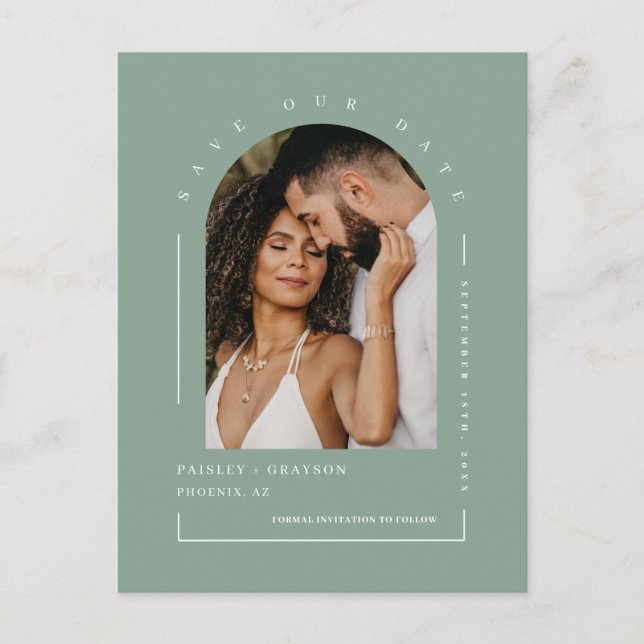 Modern Grönt Arch Photo QR Code Spara - vårt datum Vykort (Framsida)