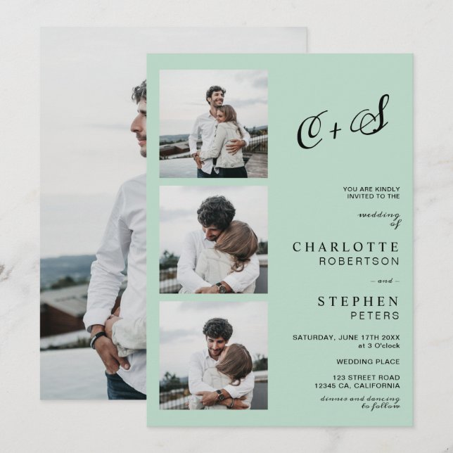 Modern grönt avslappnad initialer fotot bröllop i inbjudningar (Fram/baksida)