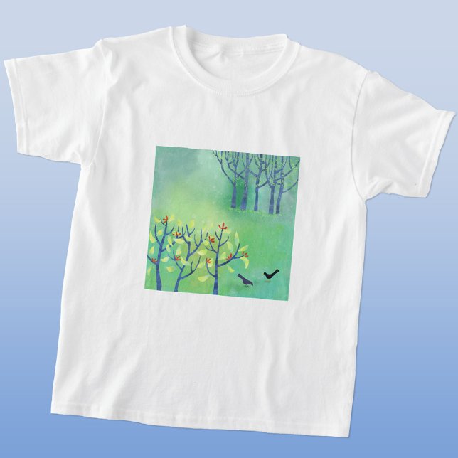 Modern Grönt Birds in Woodland Painting T Shirt (Green landscape art t-shirt)