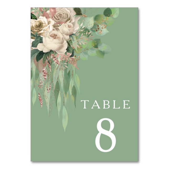 Modern Grönt Blommigt Bröllop Bordsnummer (Framsidan)