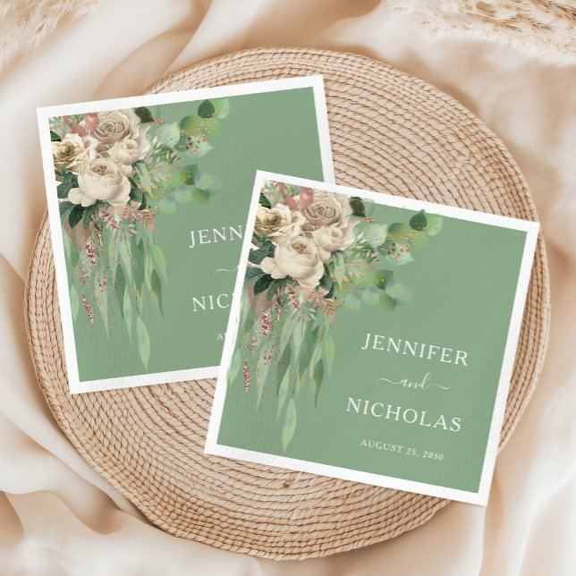 Modern Grönt Blommigt Peonies Bröllop Pappersservett (Modern Green Floral Peonies Wedding Napkins)
