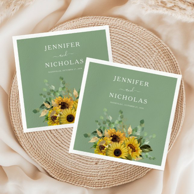 Modern Grönt Blommigt Solros Bröllop Pappersservett (Modern Green Floral Sunflower Wedding Napkins)