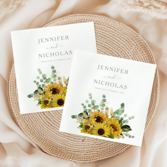 Modern Grönt Blommigt Solros Bröllop Pappersservett (Modern Green Floral Sunflower Wedding Napkins)