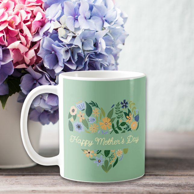 Modern Grönt Blue Heart Blommigt Mors dag Kaffemugg (Skapare uppladdad)
