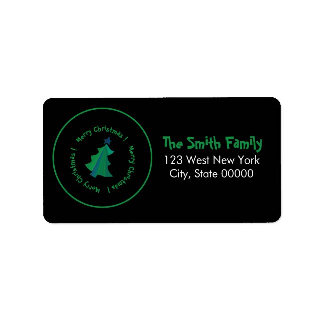 Modern Grönt Blue Julgran på Black Adressetikett (Framsidan)