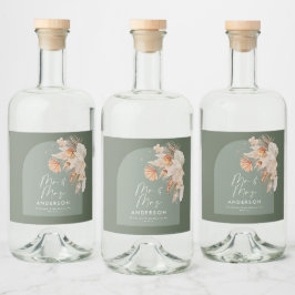 Modern grönt bohemiskt pampasgräs Mr. & Mrs. Spritflaskor Etikett