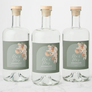 Modern grönt bohemiskt pampasgräs Mr. & Mrs. Spritflaskor Etikett