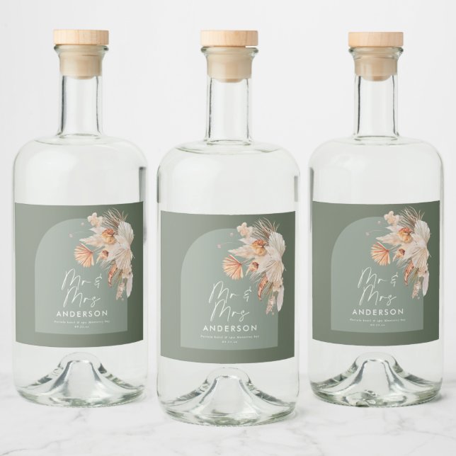 Modern grönt bohemiskt pampasgräs Mr. & Mrs. Spritflaskor Etikett (Flaskor)