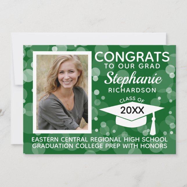 Modern Grönt Bokeh Bubbles Photo Studenten Inbjudningar (Framsida)