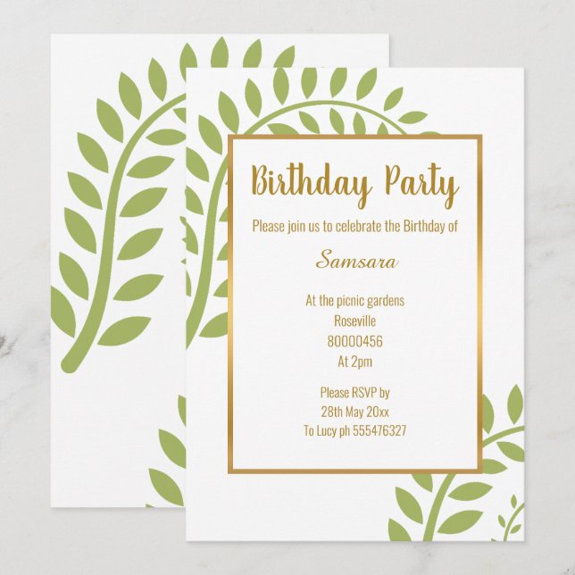 MODERN GRÖNT BOTANICAL FERN WHITE BIRTHDAY INBJUDNINGAR (Fram/baksida)