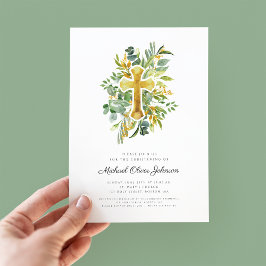 Modern Grönt Botanical Grey Kor Christening Inbjudningar