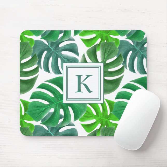 Modern Grönt Botanical Handflatan Lövs Monogram Musmatta (Med mus)