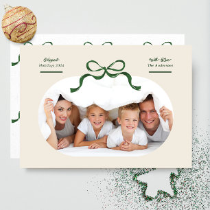 Modern Grönt Bow Oval Photo Happiest Julkort