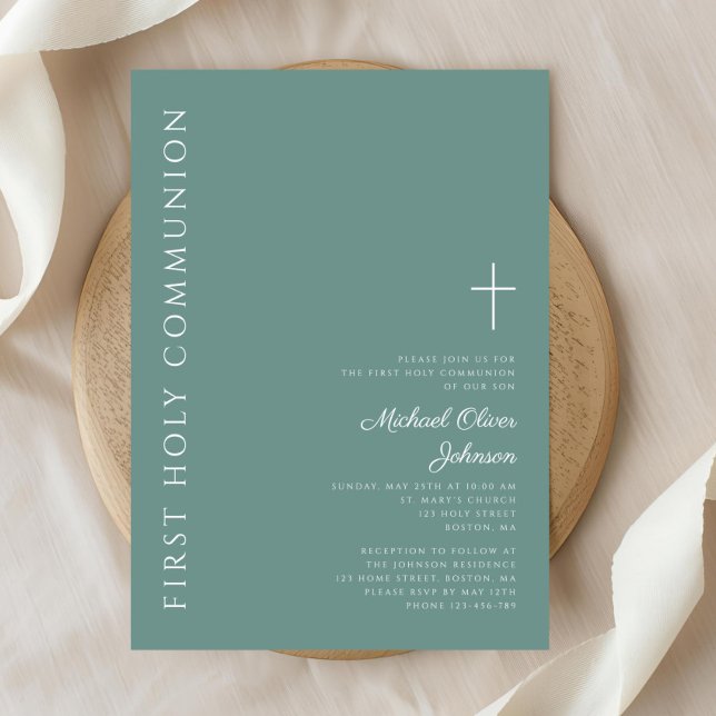 Modern Grönt Boy Kor First Heliga Communion Inbjudningar (Modern Green Boy Cross First Holy Communion Invitation)