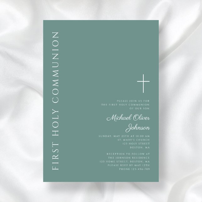 Modern Grönt Boy Kor First Heliga Communion Inbjudningar (Modern Green Boy Cross First Holy Communion Invitation)