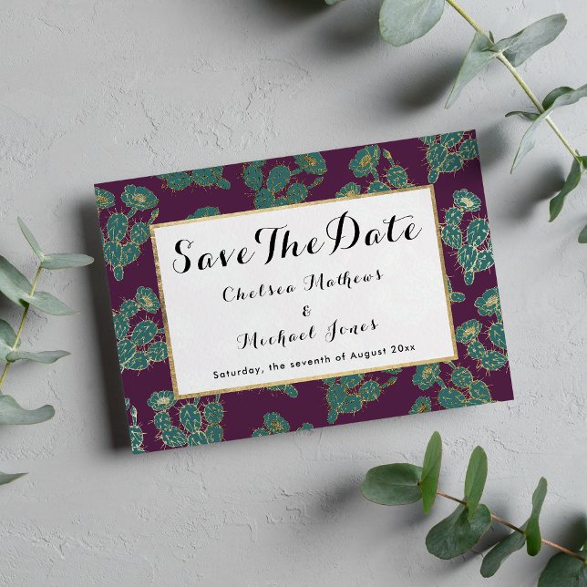 Modern grönt burgundy guld cactus blommigt spara datumet (Modern forest green burgundy gold cactus floral save the date )