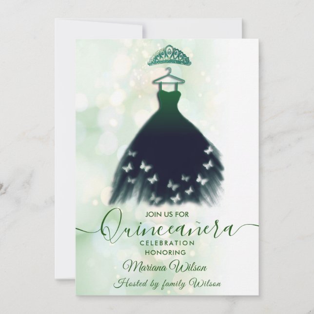 Modern grönt-butterfly dress tiara Quince Inbjudningar (Framsida)
