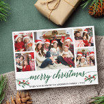 Modern Grönt Calligraphy 5 Photo Family-jul Julkort<br><div class="desc">Modern Calligraphy Script 5 Photo Family Photo Collage God jul Card innehåller Watercolor jul Holly Berries - Grönt Script</div>