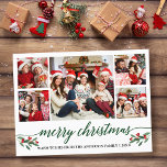 Modern Grönt Calligraphy 5 Photo Family-jul Vykort<br><div class="desc">Modern Calligraphy Script 5 Photo Family Photo Collage God jul Postcard innehåller Watercolor jul Holly Berries - Grönt Script</div>