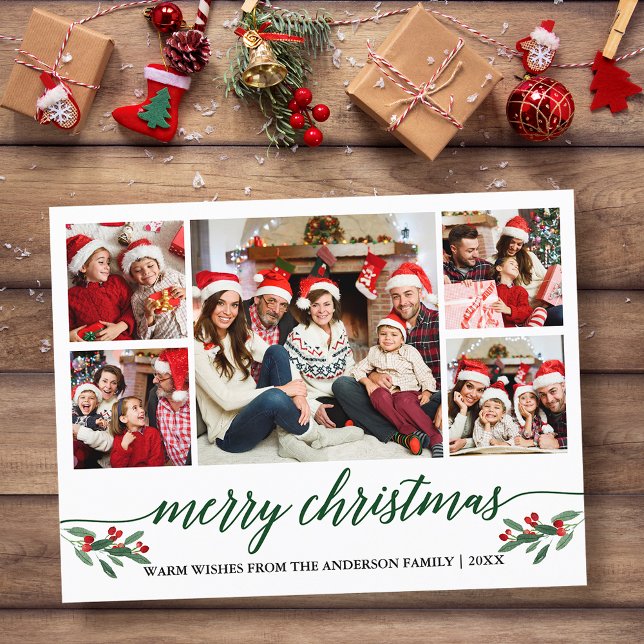Modern Grönt Calligraphy 5 Photo Family-jul Vykort (Customize to change your personalized text size or text style.)