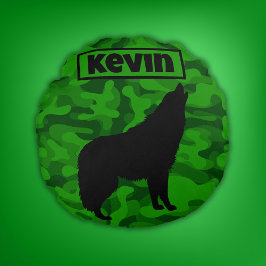 Modern Grönt Camo Black Varg Silhouette Monogram | Rund Kudde