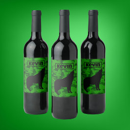 Modern Grönt Camo Black Varg Silhouette Monogram | Vinflaska Etikett