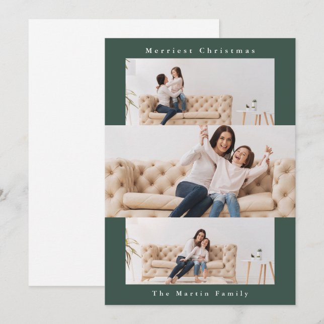 Modern Grönt Collage med tre foton Julkort (Fram/baksida)