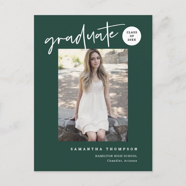 Modern Grönt College High School Grad Photo Vykort (Framsida)