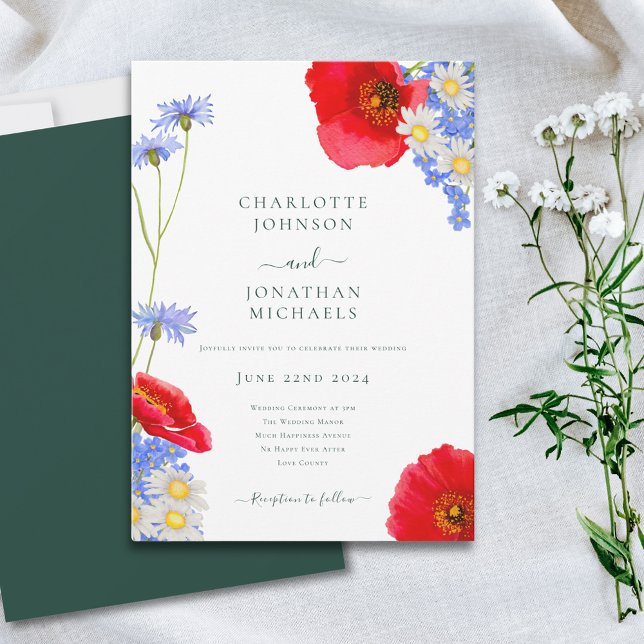 Modern Grönt Elegant, sommartid, Blommigt Bröllop Inbjudningar (Elegant wildflower watercolor wedding invitation poppy cornflower and daisy floral blue green red)