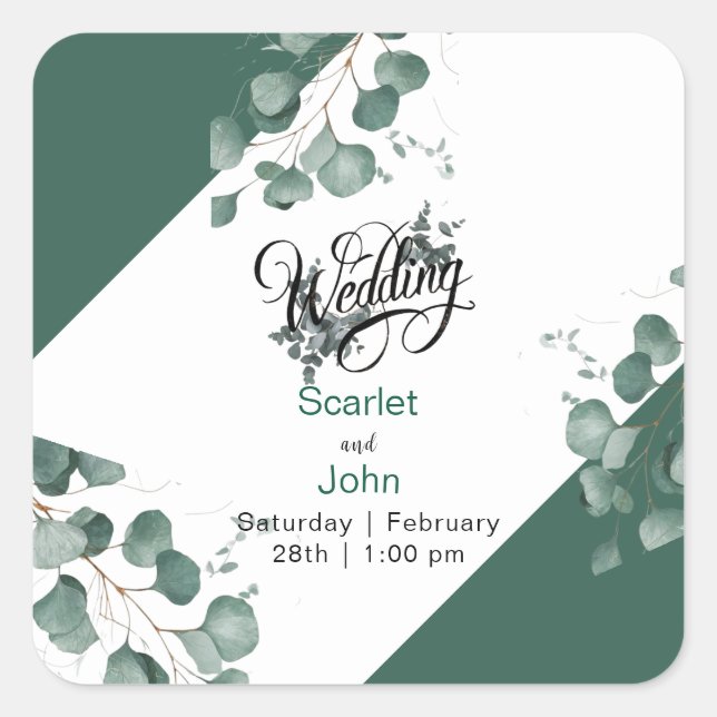 Modern grönt eucalyptus bröllop fyrkantigt klistermärke (Framsida)