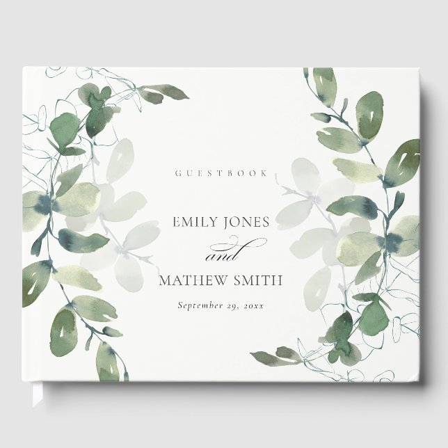 MODERN GRÖNT EUCALYPTUS FOLIAGE WATERCOLOR BRÖLLOP GÄSTBÖCKER (Framsida)