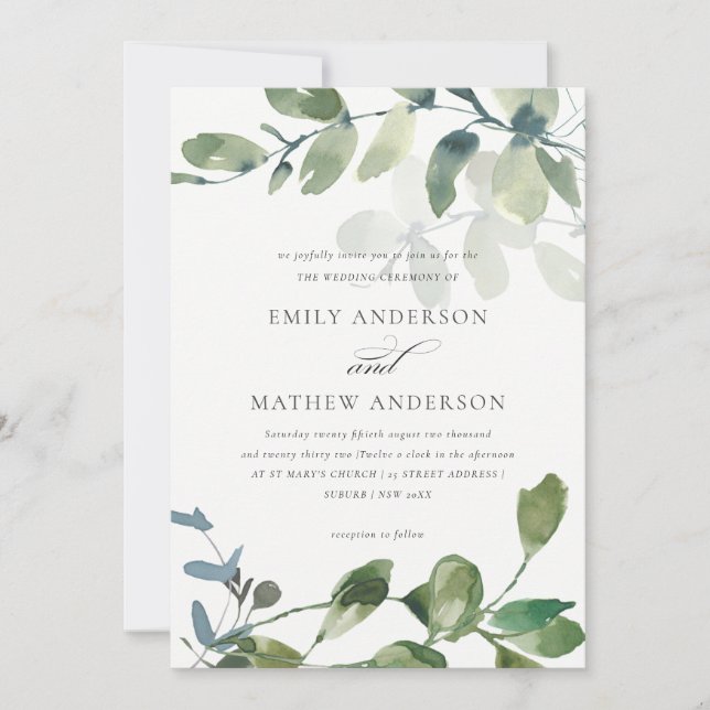 MODERN GRÖNT EUCALYPTUS FOLIAGE WATERCOLOR BRÖLLOP INBJUDNINGAR (Framsida)
