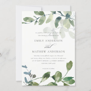 MODERN GRÖNT EUCALYPTUS FOLIAGE WATERCOLOR BRÖLLOP INBJUDNINGAR