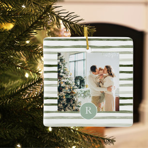 Modern Grönt Familjefoto Inledande Julgransprydnad Keramik