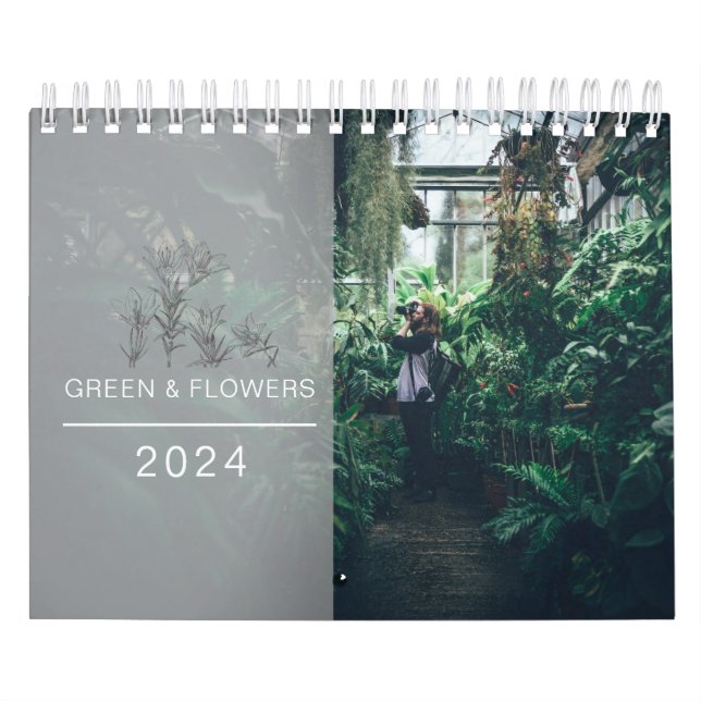 Modern Grönt & Flowers Family Photos Collage 2024 Kalender (Omslag)