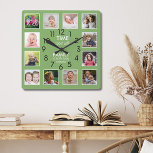Modern Grönt för 12-fotokollage-familjens tidsoffe Fyrkantig Klocka