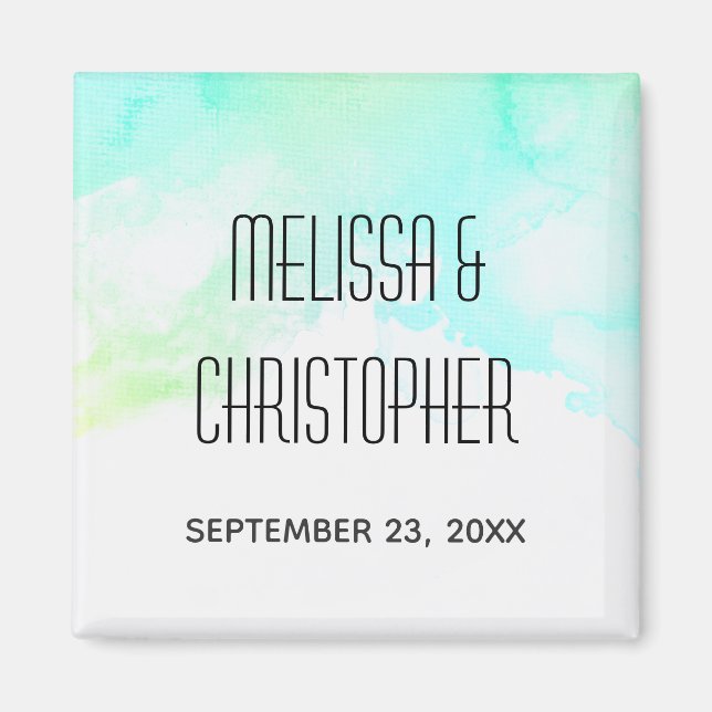 Modern Grönt för Abstrakt och blå vattenfärg Bröll Magnet (Framsidan)