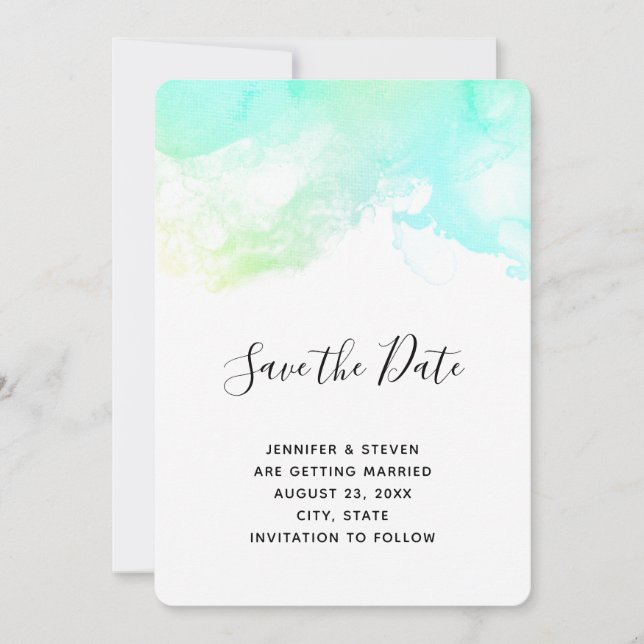 Modern Grönt för Abstrakt och blå vattenfärg Bröll Spara Datumet (Framsida)
