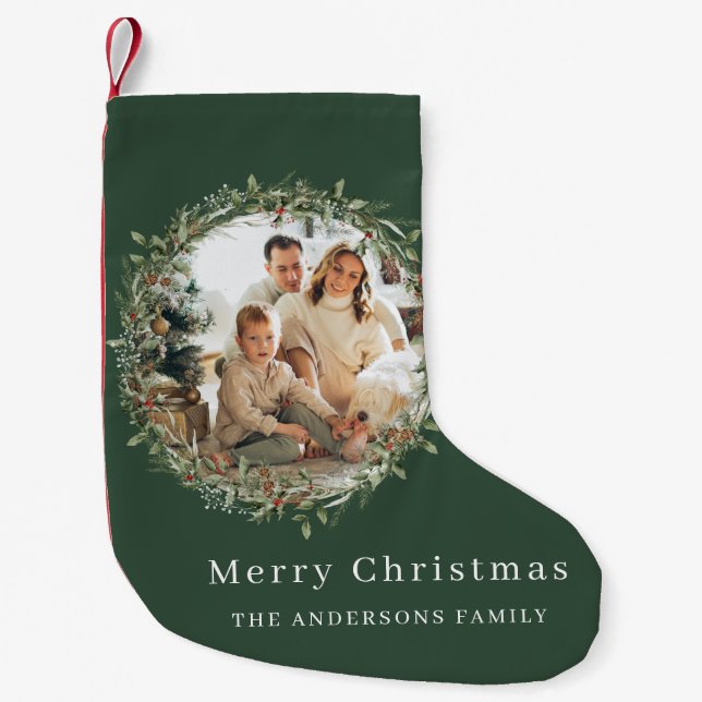 Modern grönt för fotojulkrans liten julstrumpa (Framsidan)