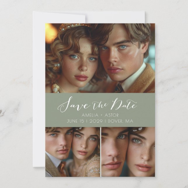 Modern Grönt för fotokollage i skript Spara Datumet (Framsida)