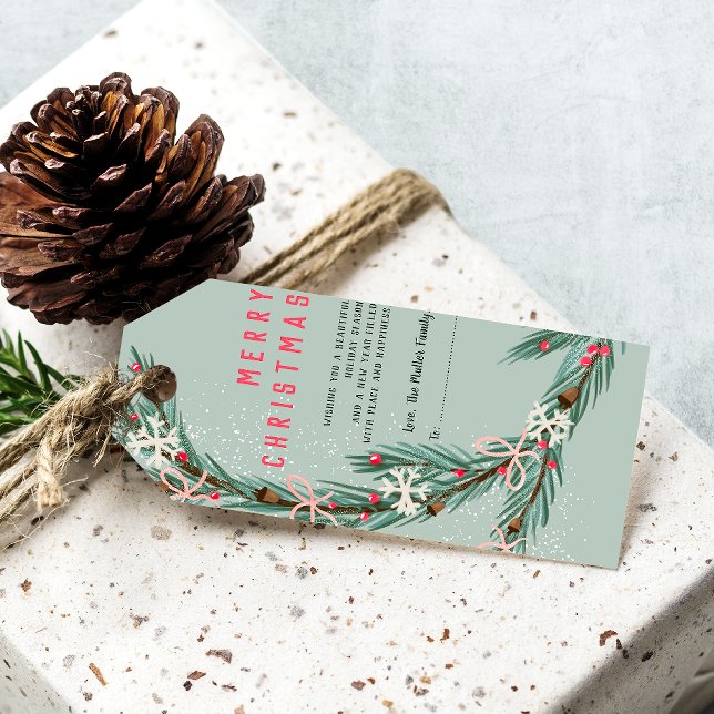Modern grönt för halv jul-andedräkt presentetikett (Modern half Christmas wreath green illustration Gift Tags)