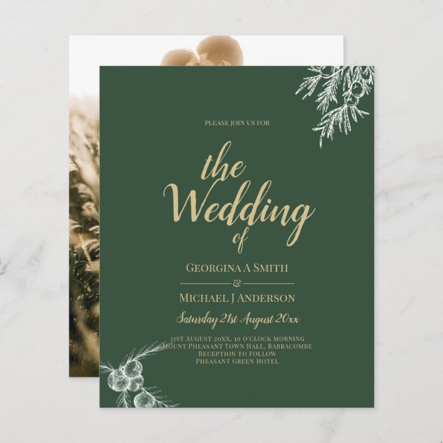 Modern GRÖNT för JUNIPER-inbjudan till fotobröllop (Fram/baksida)