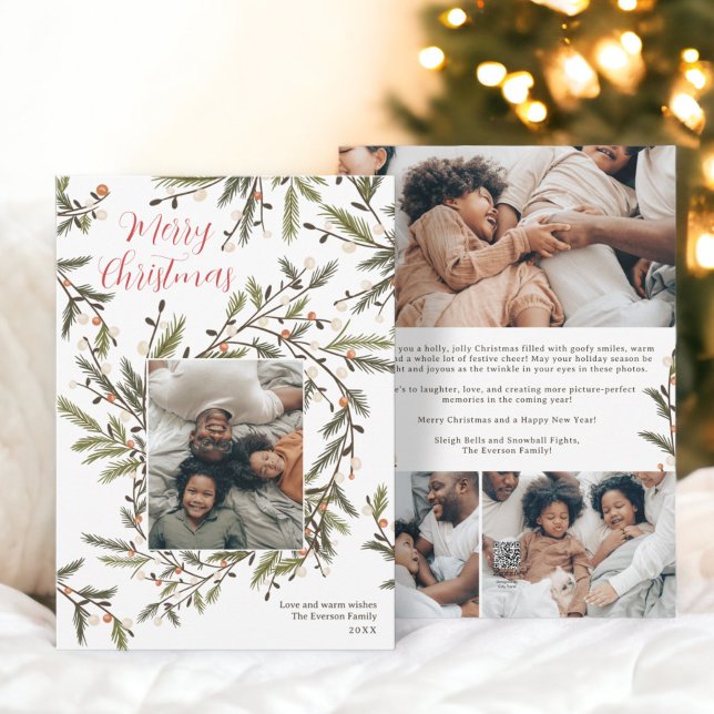 Modern grönt för krans - julfamilj 4 foton julkort (Modern wreath green Christmas family 5 photos Holiday Card)