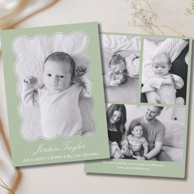 Modern Grönt för minimala Eleganter, nyfödd Baby Meddelande (Modern Minimal Elegant Sage Green Newborn Baby Announcement)