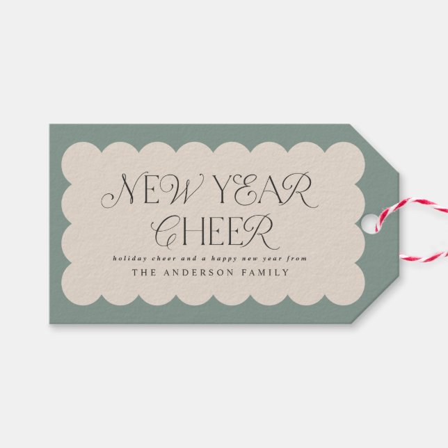 Modern grönt för nyårsautomat vågigt kant presentetikett (Framsidan (Horizontal))