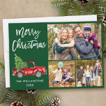 Modern Grönt för penselskript Lastbil 3 Photo jul Julkort<br><div class="desc">Modern Lastbil i vattenfärgen i penselskript med Vintagen Red med fotokortet Julgran - God jul Family 3 Grönt</div>