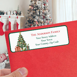 Modern Grönt Gingham Julgran Ornaments Namn Returadress Etikett