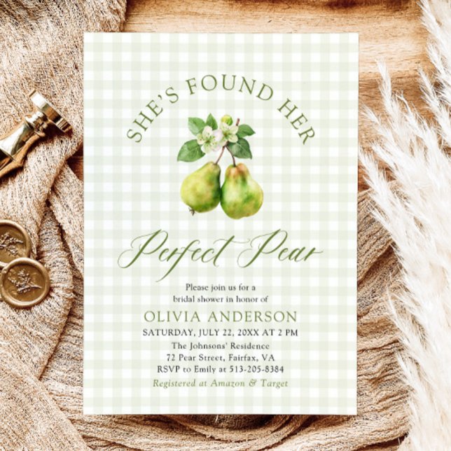 Modern Grönt Gingham Perfekt Pear Möhippa Inbjudningar (Modern Green Gingham Perfect Pear Bridal Shower Invitation)